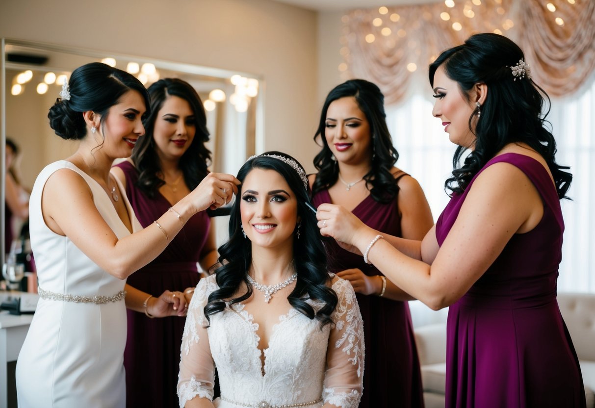 A bridal party assists the bride with hair, makeup, and dressing for the pre-wedding events