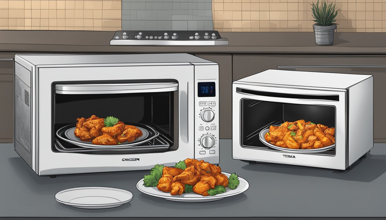 A microwave, oven, and stovetop sit side by side, each with a plate of chicken tikka ready to be reheated