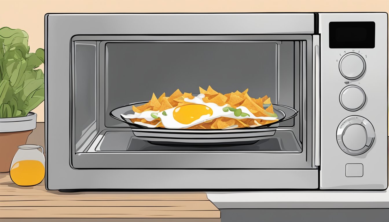 A plate of chilaquiles being reheated in a microwave