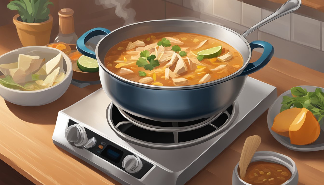 A steaming bowl of chicken tortilla soup sits on a stovetop, with a pot and ladle nearby. A warm, inviting kitchen is visible in the background