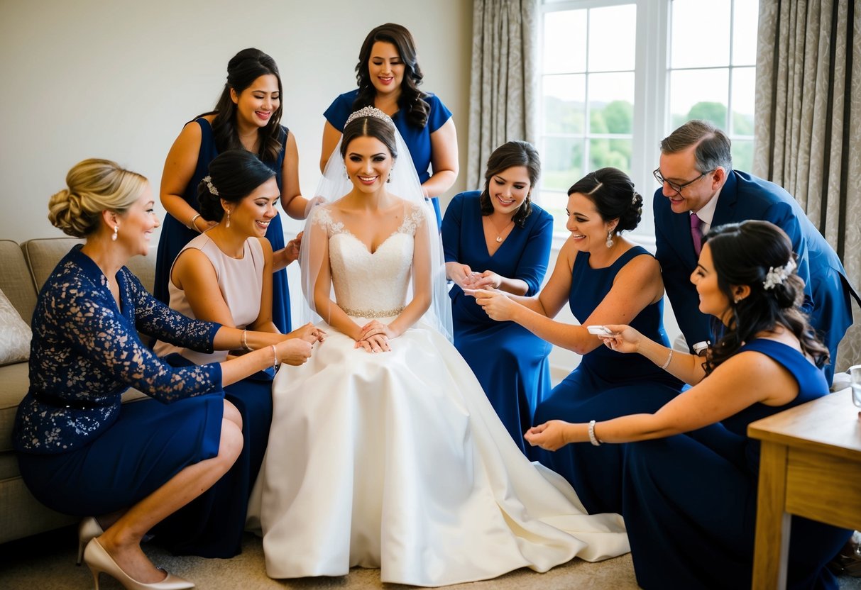 A bride sits surrounded by her closest friends and family, as they help her prepare for her wedding day