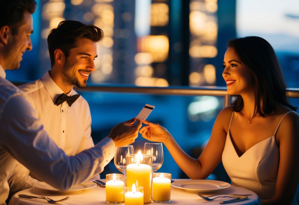 A couple sitting at a candlelit table, one handing a credit card to the waiter while the other looks on with a smile