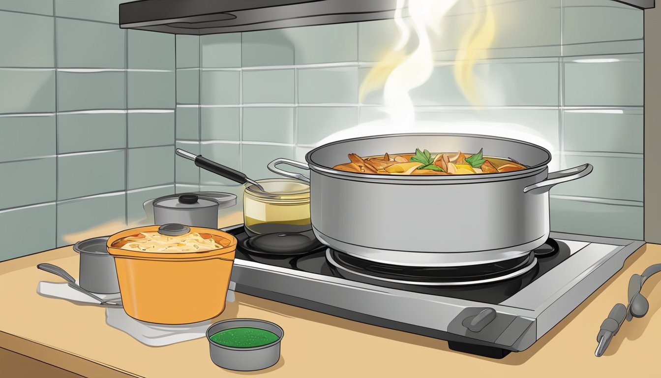 A pot of chicken tortilla soup being heated on a stovetop. A thermometer checks the internal temperature for food safety