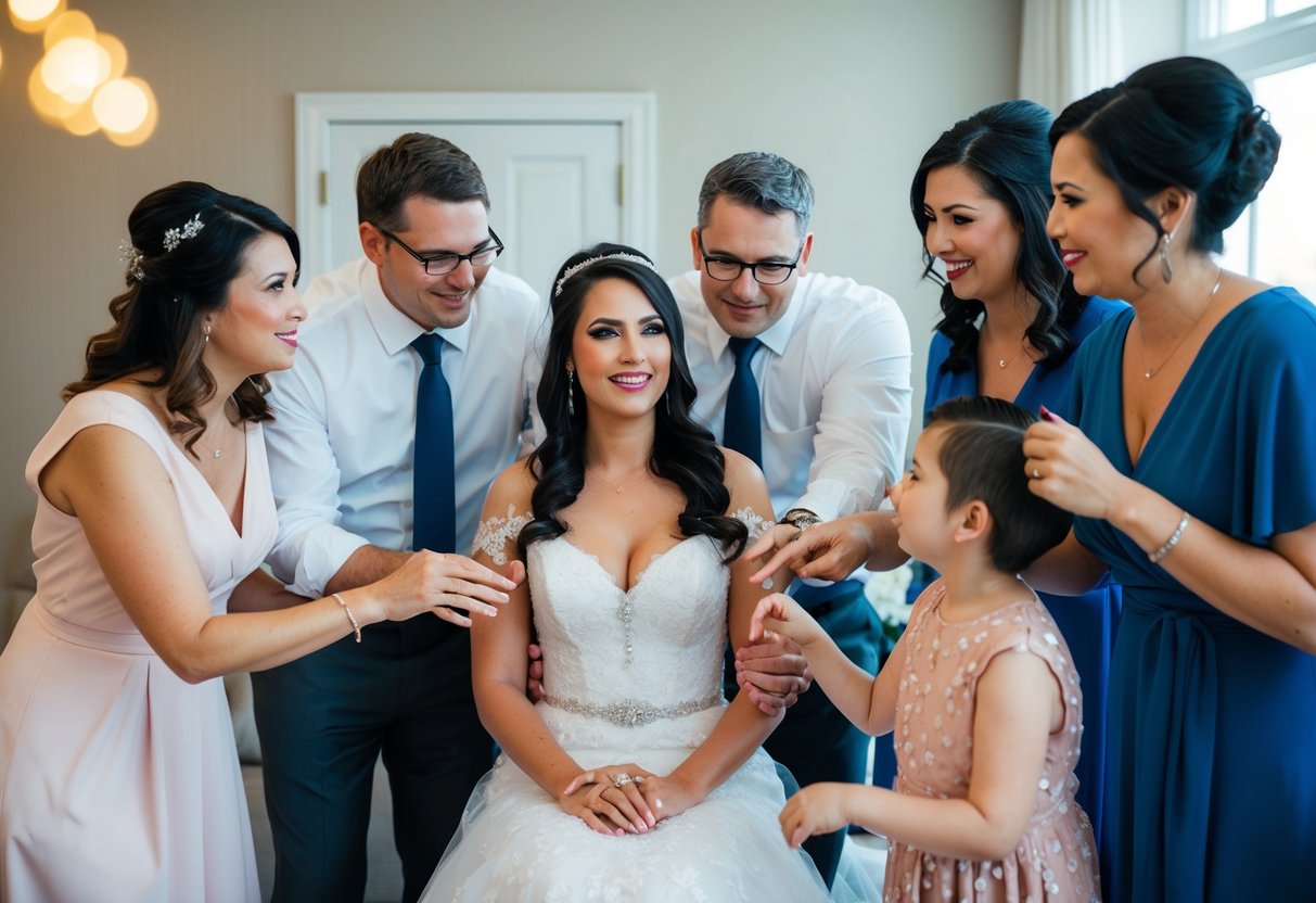A bride surrounded by family and friends receiving support and guidance while getting ready for her wedding