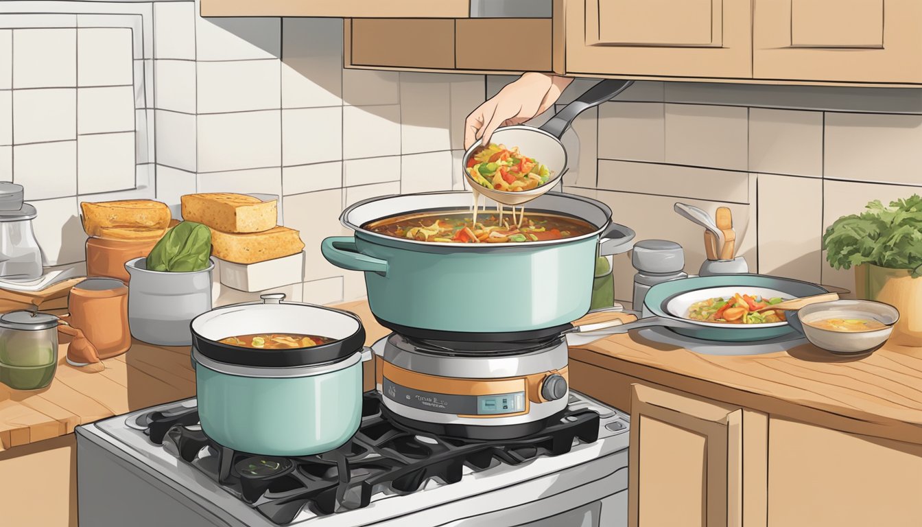 A person placing a pot of chicken tortilla soup on a stovetop, turning the dial to preheat, and stirring the soup with a ladle