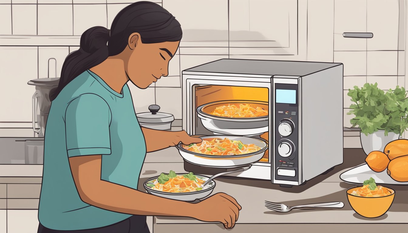 A person using a microwave to reheat a plate of chilaquiles while checking the temperature with a fork