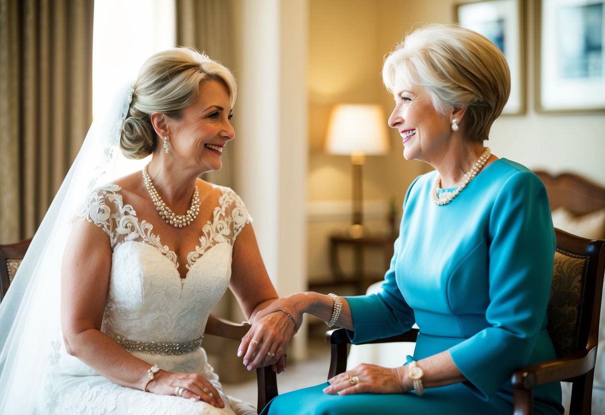 The mother of the bride sits next to a distinguished looking older woman with a warm smile, engaged in conversation