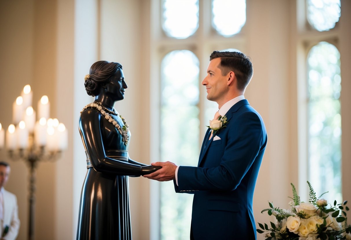A figure stands beside the groom, symbolizing the act of giving away. The groom looks towards the figure with gratitude and respect