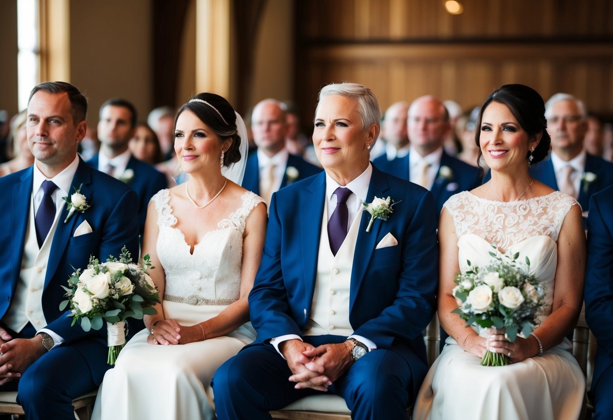 The mother of the bride sits next to the groom's parents in the front row of the wedding ceremony seating