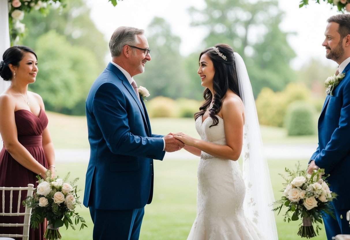 A father stands beside his daughter, symbolically giving her away to the groom at a wedding ceremony