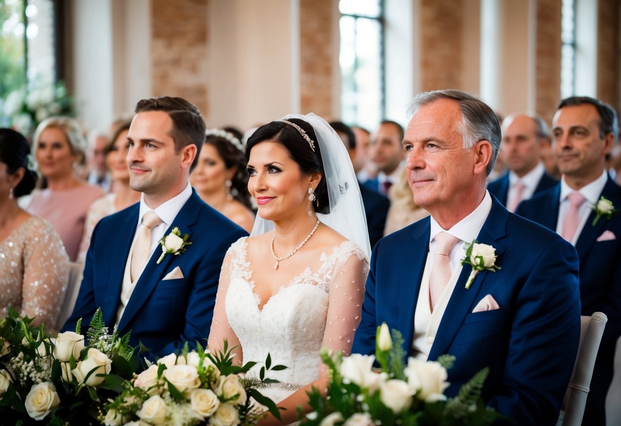 The mother of the bride sits next to the father of the groom in the front row of the wedding ceremony