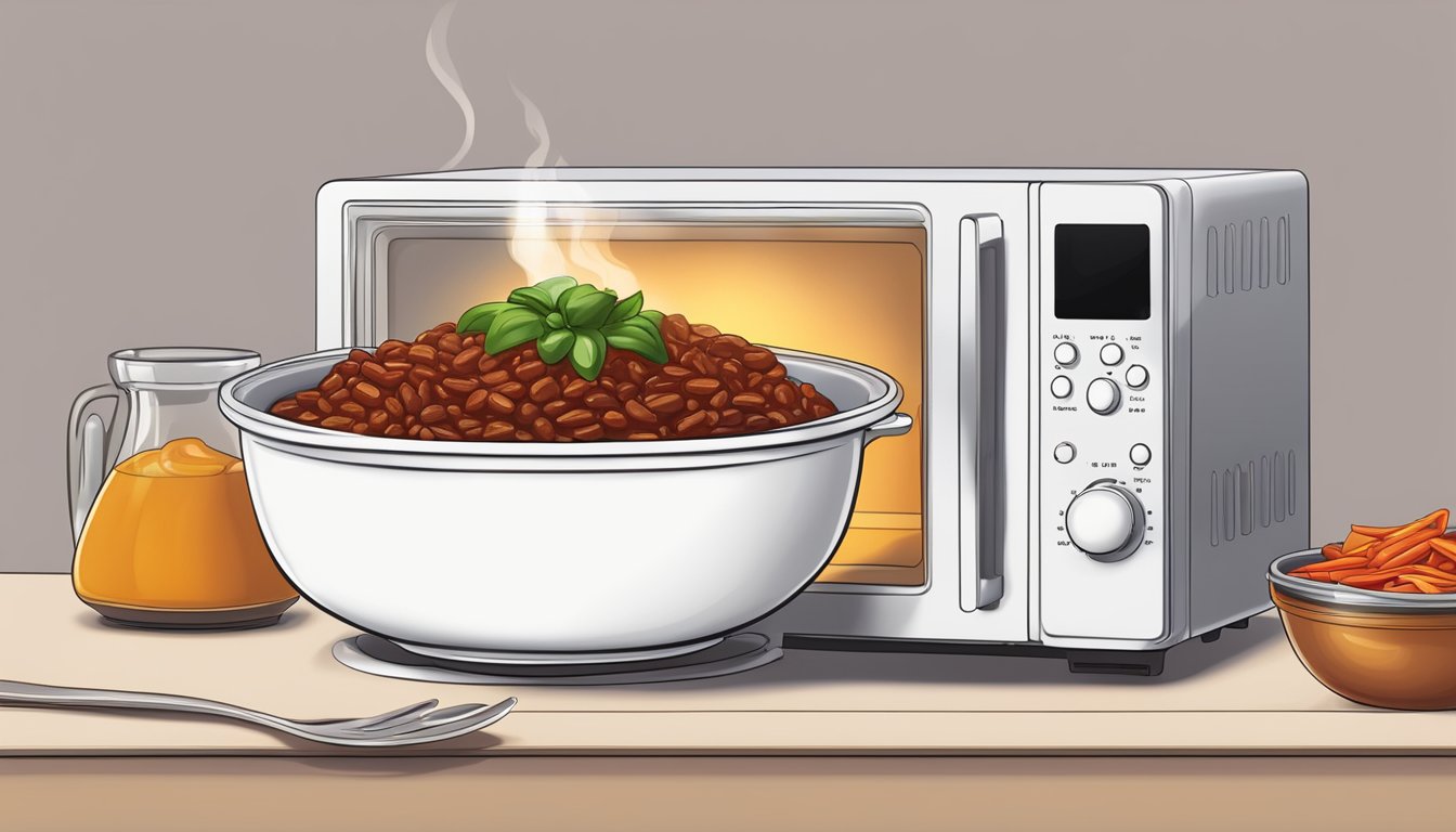 A steaming bowl of chili con carne being heated in a microwave