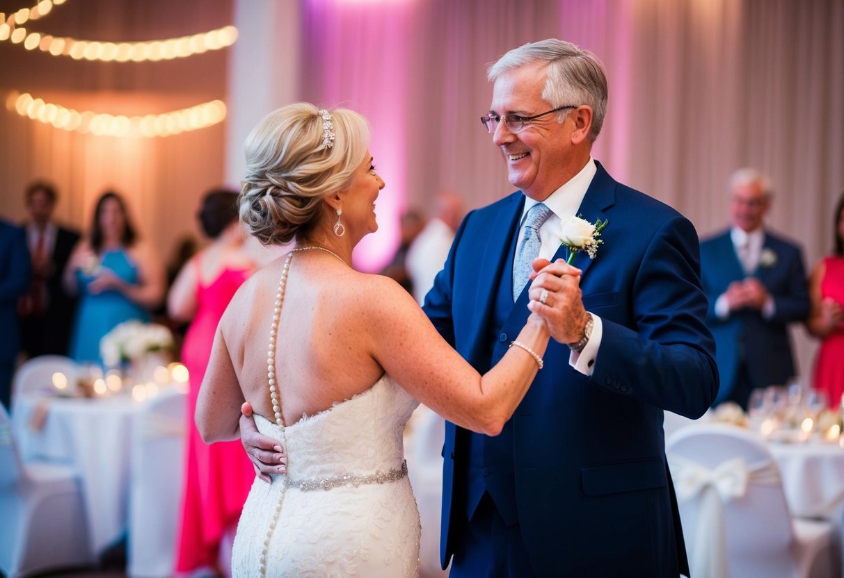 The mother of the bride dances with her husband or another significant family member at the wedding reception