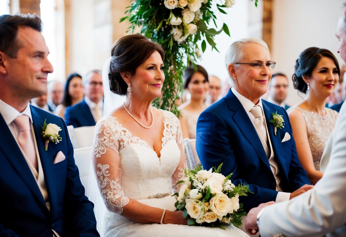 The mother of the bride sits next to the groom's parents at the ceremony