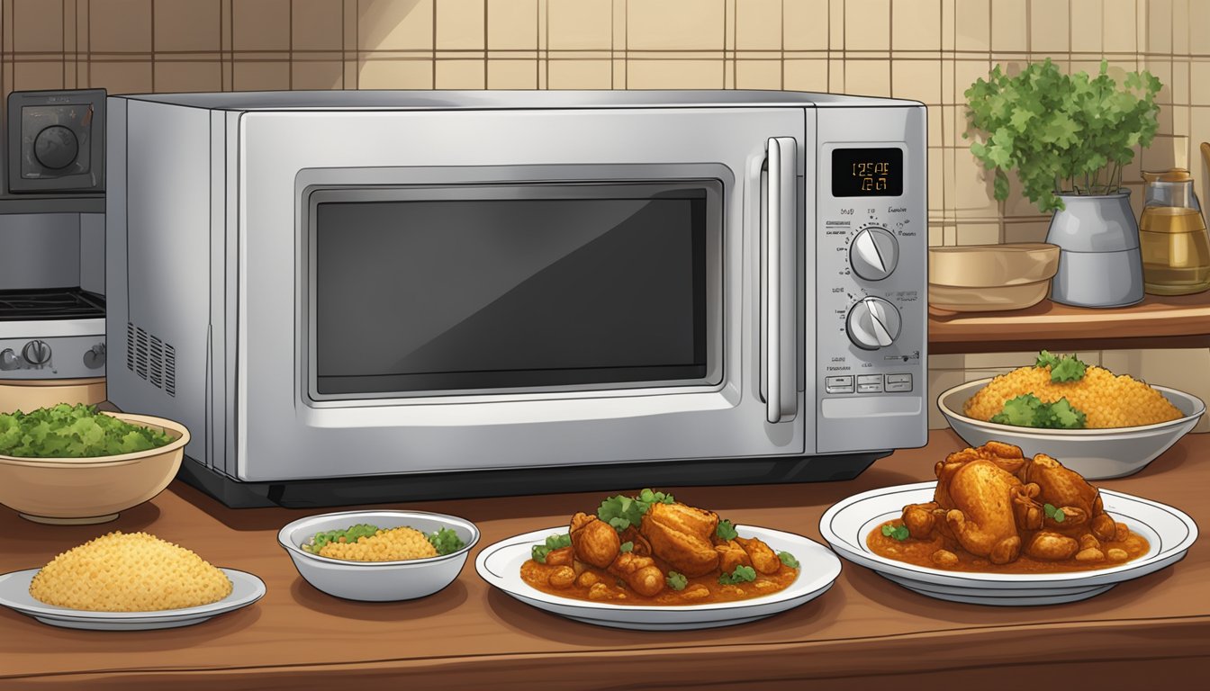 A microwave, stovetop, and oven surrounding a plate of chicken vindaloo