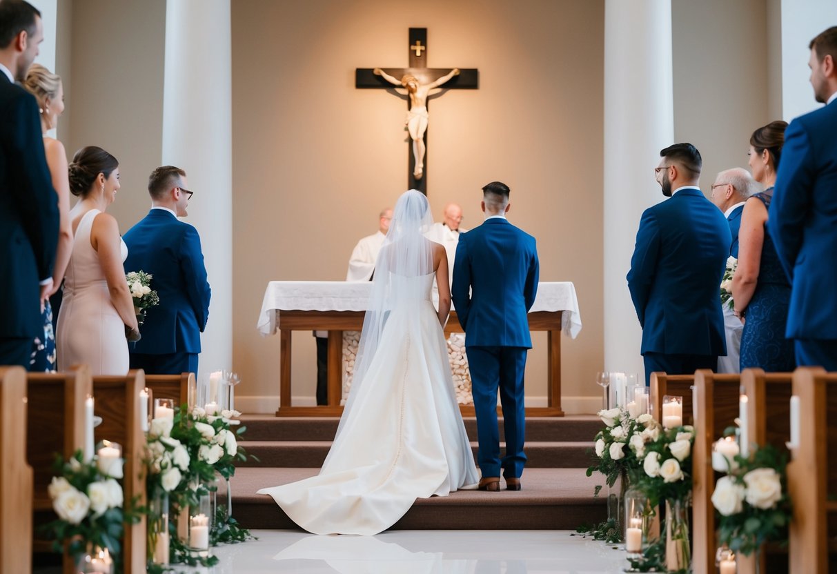 A figure stands at the altar, facing the groom, symbolizing the act of giving away in a modern wedding ceremony