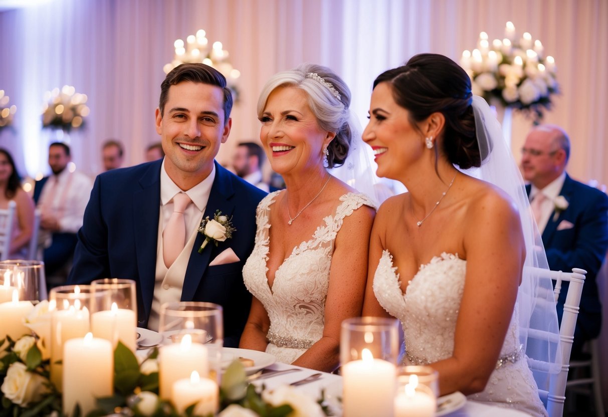 The mother of the bride sits next to a beaming couple at the wedding reception, surrounded by elegant decor and soft candlelight