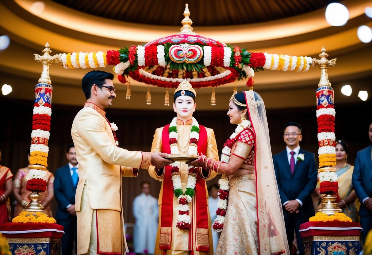 A figure stands at the center of a wedding ceremony, symbolically presenting the groom to the bride, surrounded by cultural symbols and traditional decorations