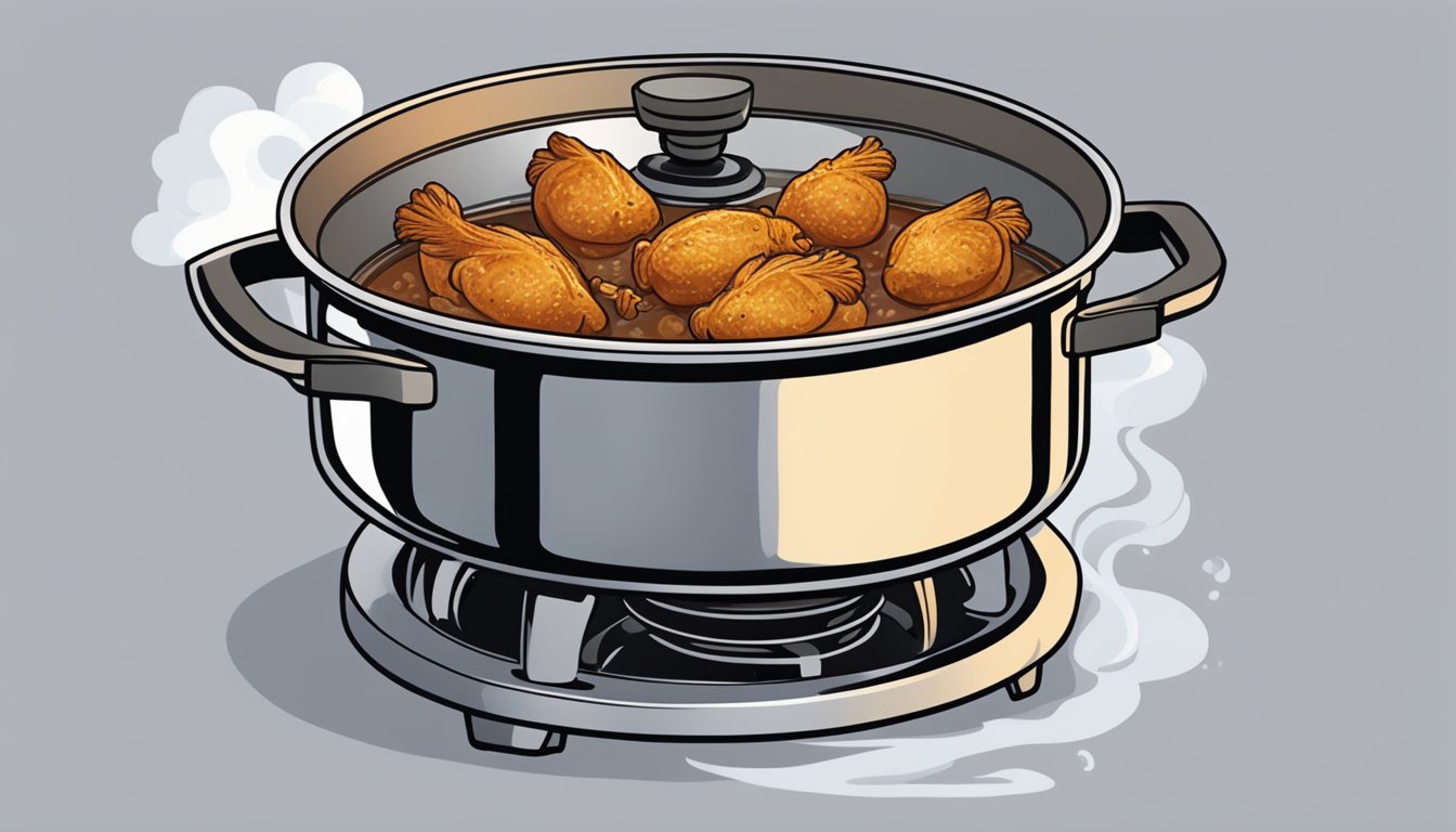 A pot on a stovetop, steam rising from a bubbling chicken vindaloo