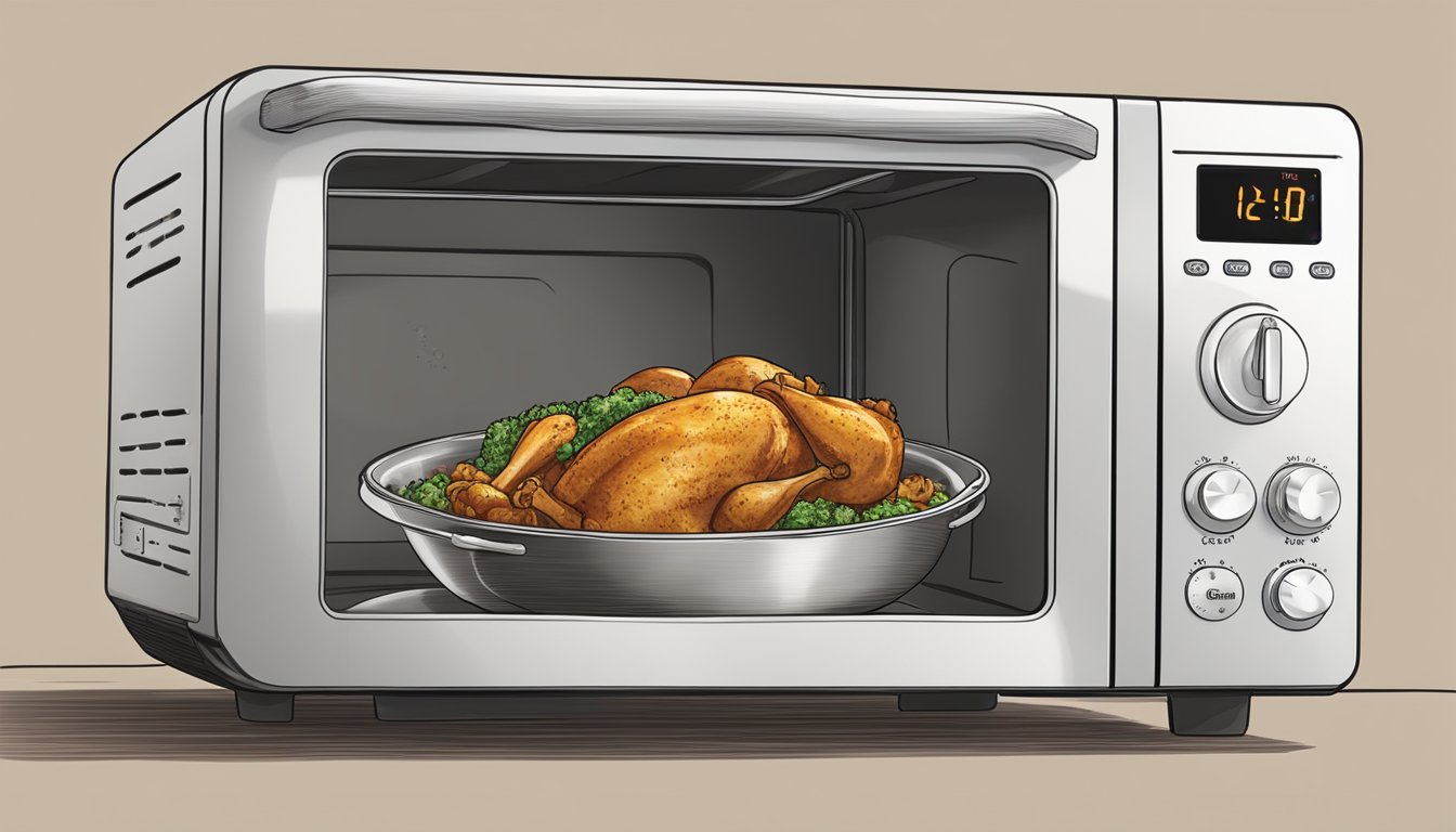 A bowl of chicken vindaloo sits in a microwave, with the door closed and the timer set. The steam rises from the hot dish as it reheats