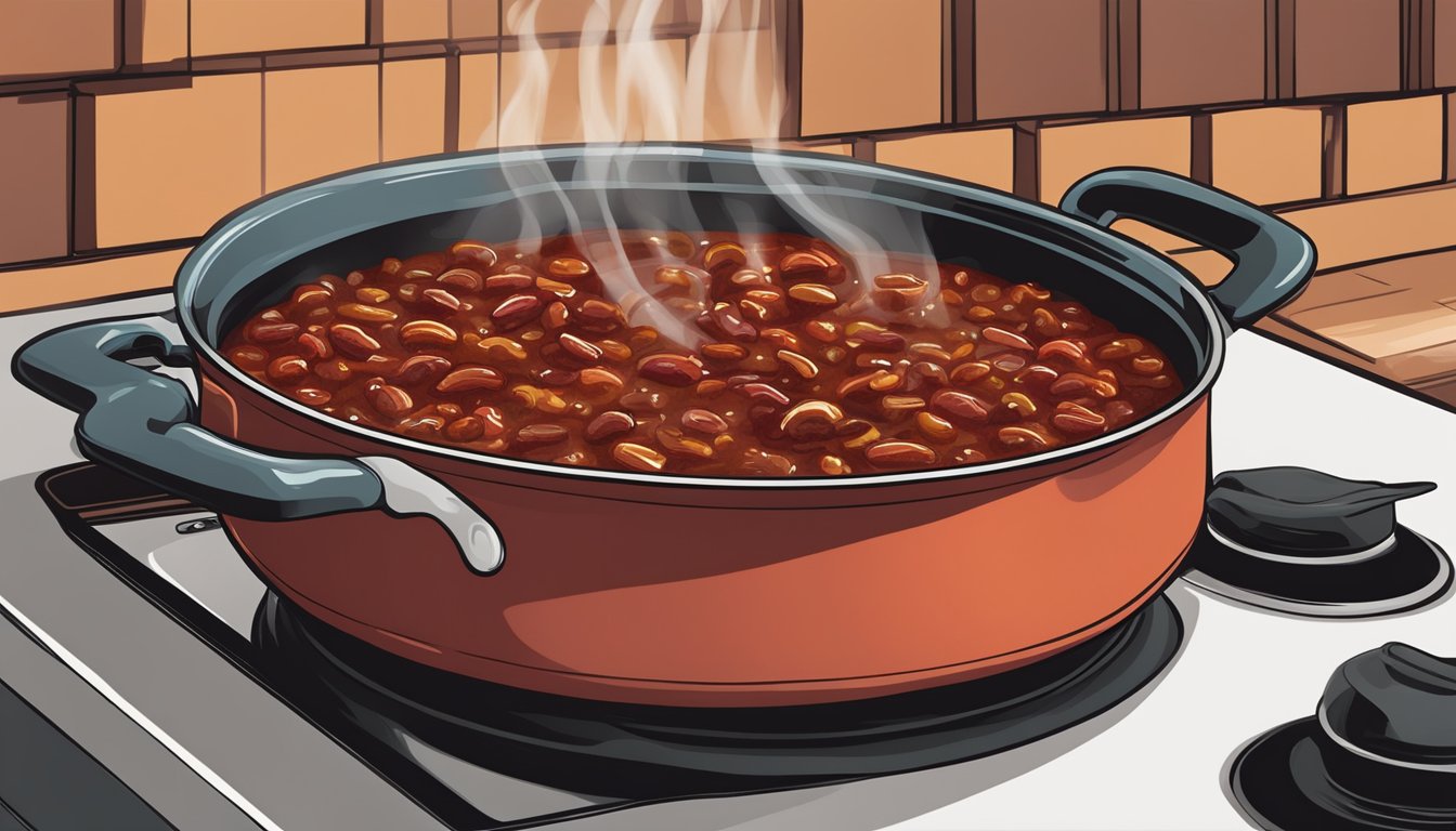 A pot of chili con carne being reheated on a stovetop