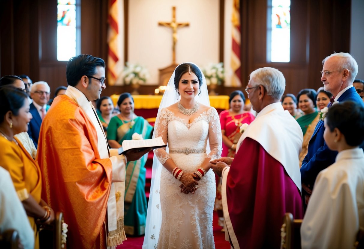 A woman standing at the altar, surrounded by her community, as a respected elder or family member presents her to the groom