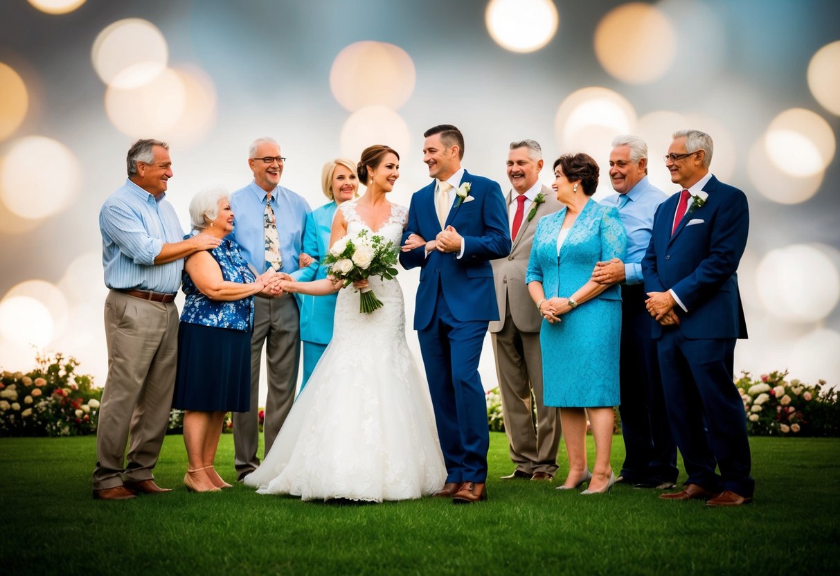 A group of family members stand together, with one member stepping forward to symbolically give the bride away. The bride and groom stand at the center of the scene, surrounded by love and support