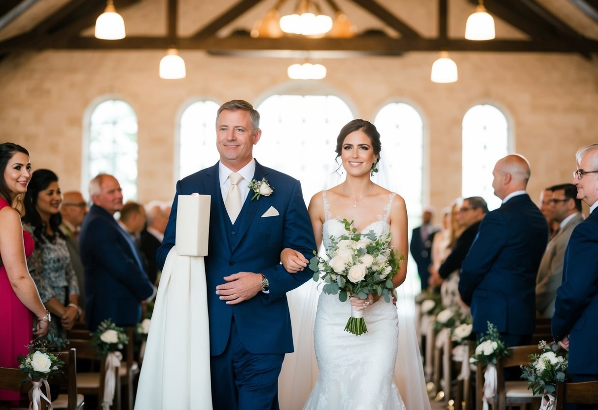A figure stands beside the bride, offering support and guidance as they walk down the aisle