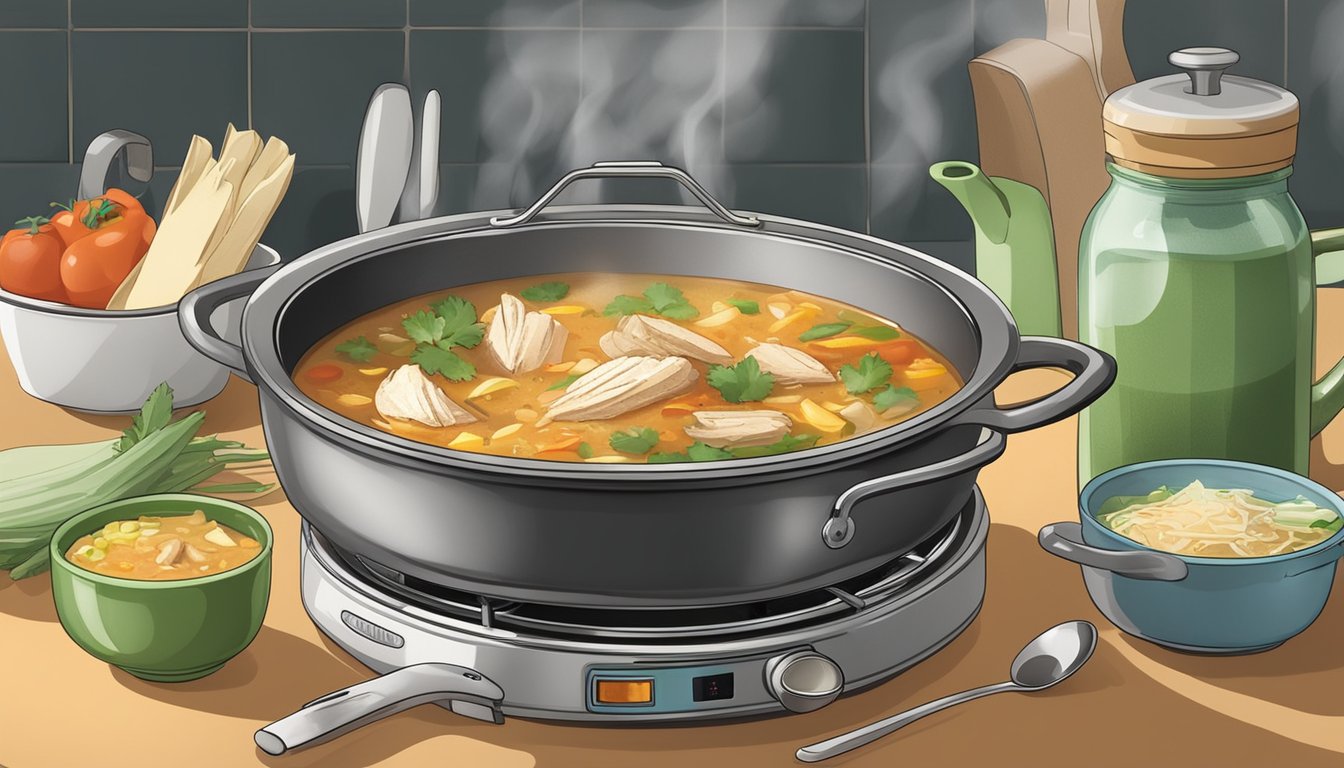 A steaming bowl of chicken tortilla soup sits on a stovetop, surrounded by various kitchen utensils and a pot of simmering water