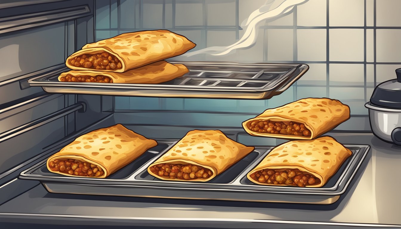 A tray of chimichangas placed in a preheated oven, golden and crispy, with steam rising from the hot, sizzling food