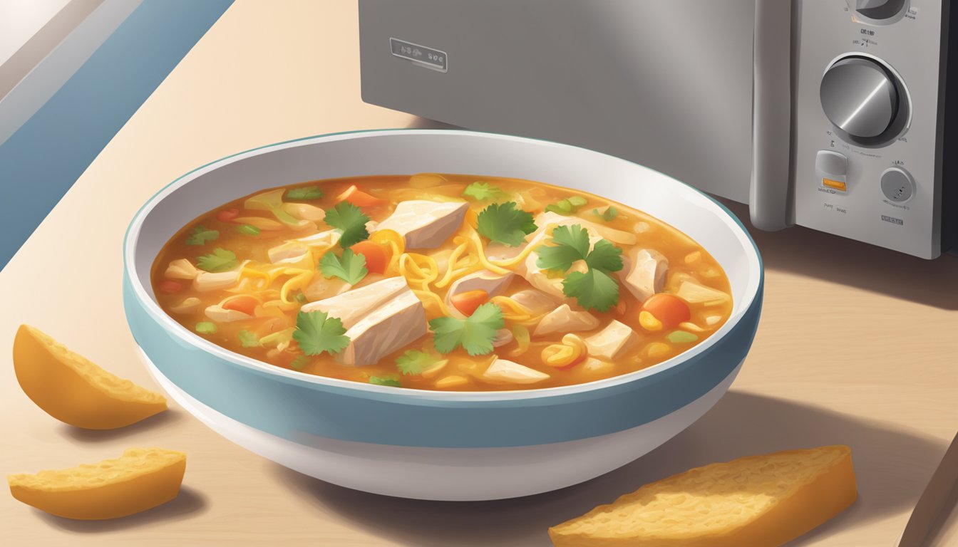 A bowl of chicken tortilla soup being heated in a microwave