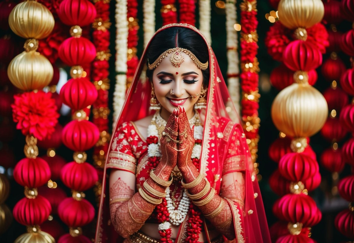 A bride surrounded by vibrant red and gold decorations, with a traditional henna design on her hands