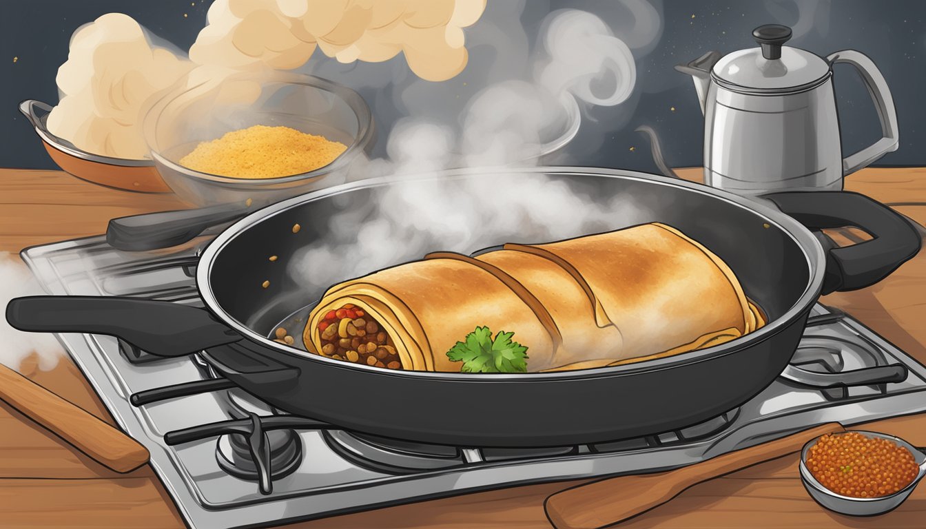 A chimichanga sizzling on a stovetop in a pan, surrounded by rising steam and a faint aroma of Mexican spices