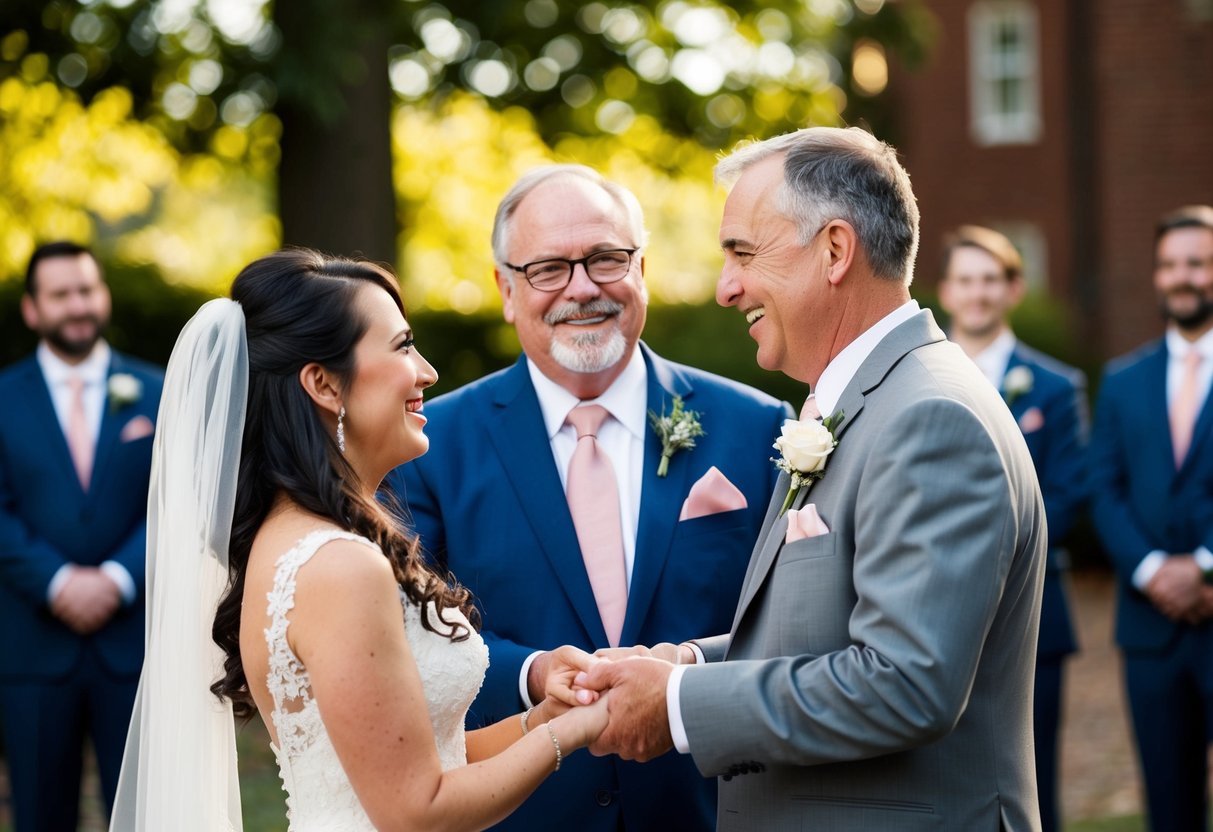 The father of the bride stands proudly as he presents his daughter to the groom, with a warm smile and a sense of bittersweet emotion