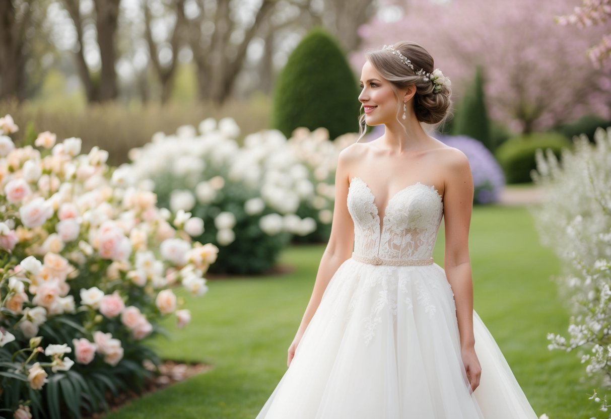 A bride in a spring garden, surrounded by pastel flowers and soft greenery, with a touch of blush and ivory in her dress