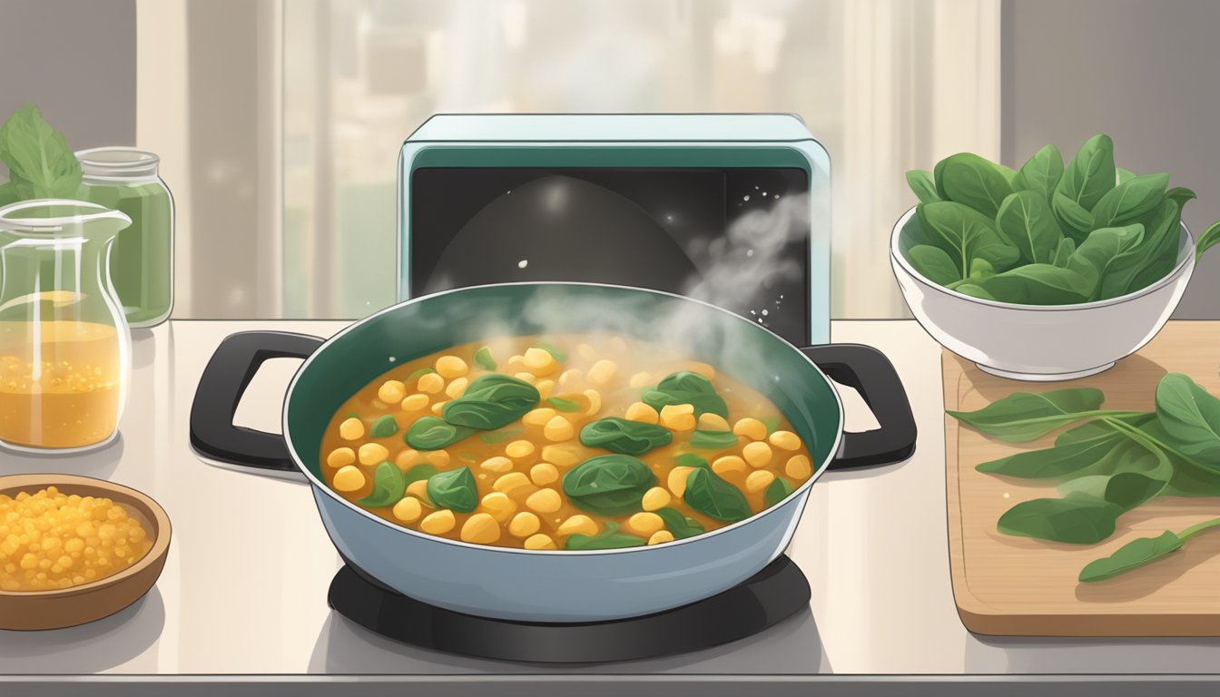 A bowl of chickpea and spinach curry being heated in a microwave, steam rising as the flavors meld together