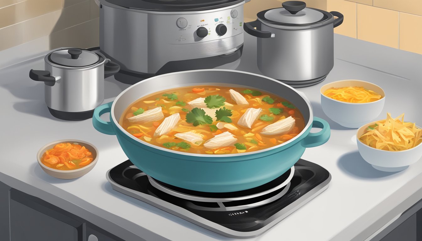 A steaming bowl of chicken tortilla soup sits on a stovetop, surrounded by various reheating options such as a microwave, oven, and stovetop