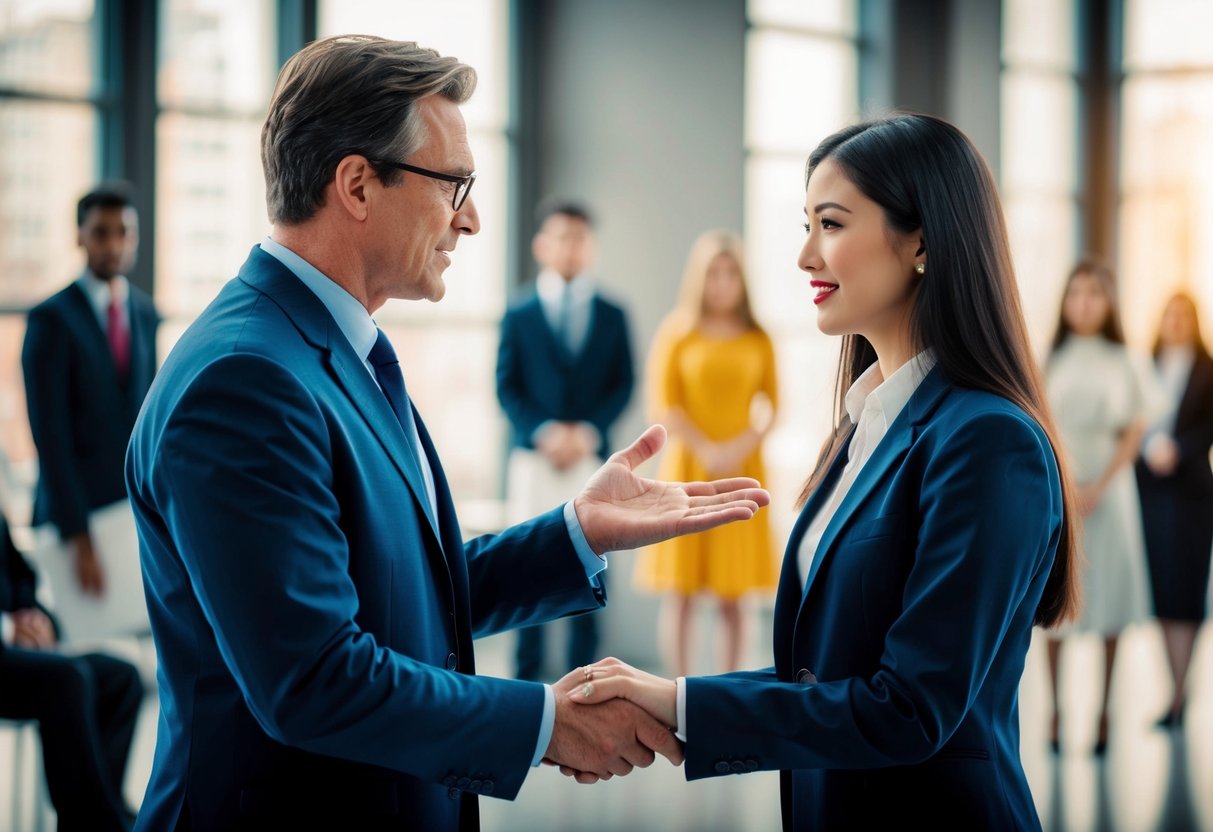 A man stands beside a young woman, gesturing towards her as if presenting her to someone else. The two figures are surrounded by a sense of formality and significance