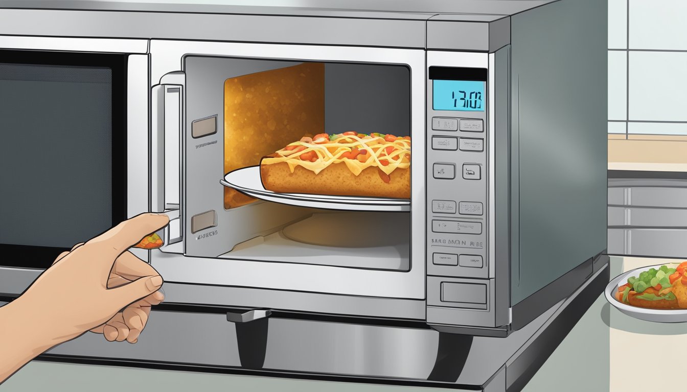 A microwave with a plate of frozen chimichangas inside, with the microwave door open and a person reaching in to take out the heated chimichangas