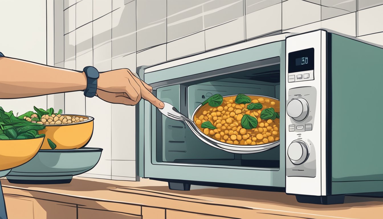 A steaming bowl of chickpea and spinach curry sits on a kitchen counter next to a microwave. A person's hand reaches for the bowl with a fork