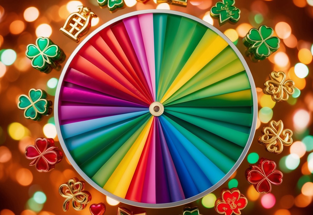 A vibrant color wheel surrounded by symbols of luck and love