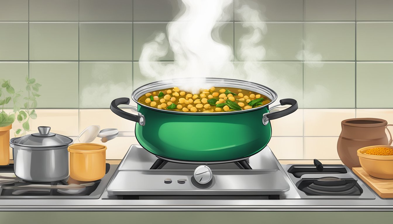 A steaming pot of chickpea and spinach curry being reheated on a stove, with aromatic spices wafting through the air