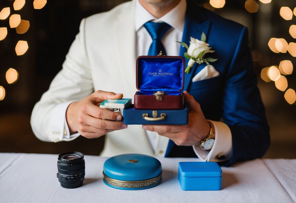 A groom holds old, new, borrowed, blue items on a table