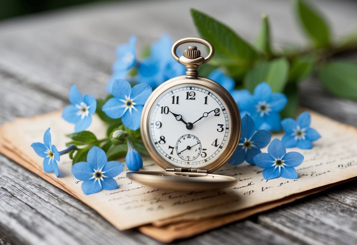 A vintage pocket watch rests on a weathered wooden table, surrounded by delicate blue forget-me-not flowers and a collection of old love letters