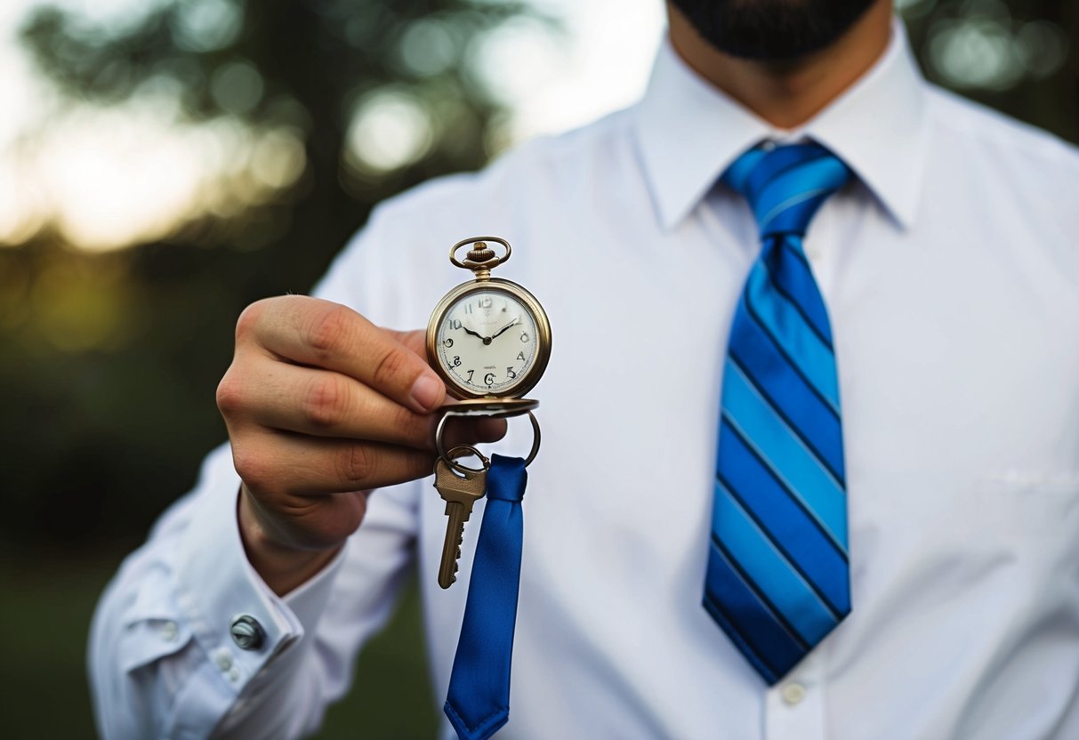 A groom holding a vintage pocket watch, a modern keychain, a borrowed tie, and a blue handkerchief