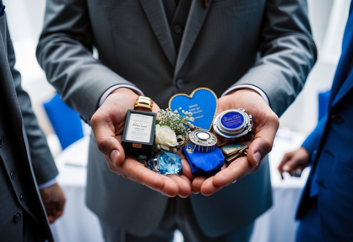 A groom holds a mix of old, new, borrowed, and blue items in his hands