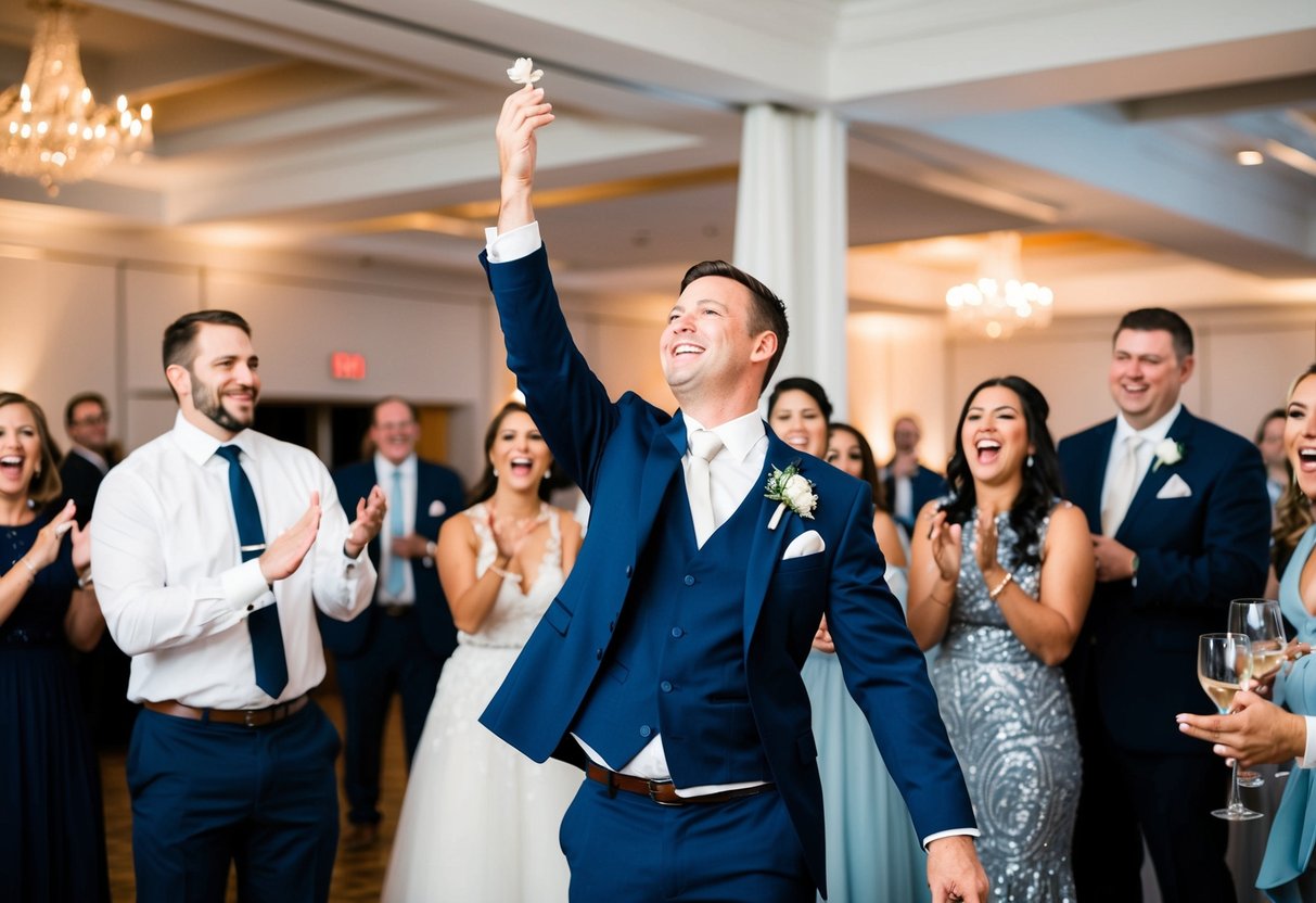 The groom playfully tosses the garter into the air, surrounded by cheering guests at the wedding reception