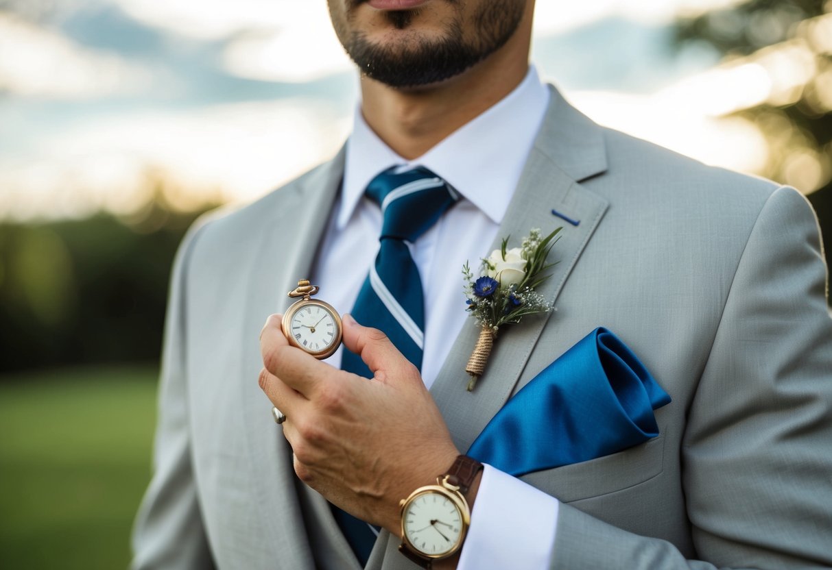 A groom holding a vintage pocket watch, a new tie, a borrowed cufflink, and a blue handkerchief