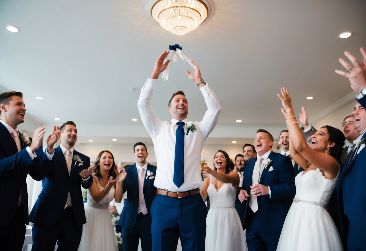 The groom tosses the garter to a group of excited wedding guests, who eagerly reach out to catch the symbolic item