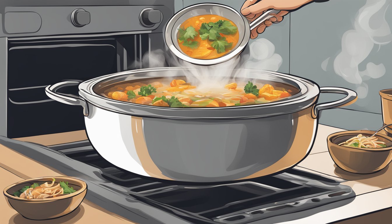 A steaming bowl of chipotle chicken soup being removed from a preheated oven